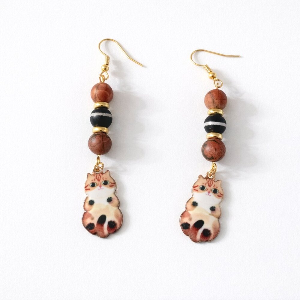 Whimsical Cat Charm Jasper Drop Earrings